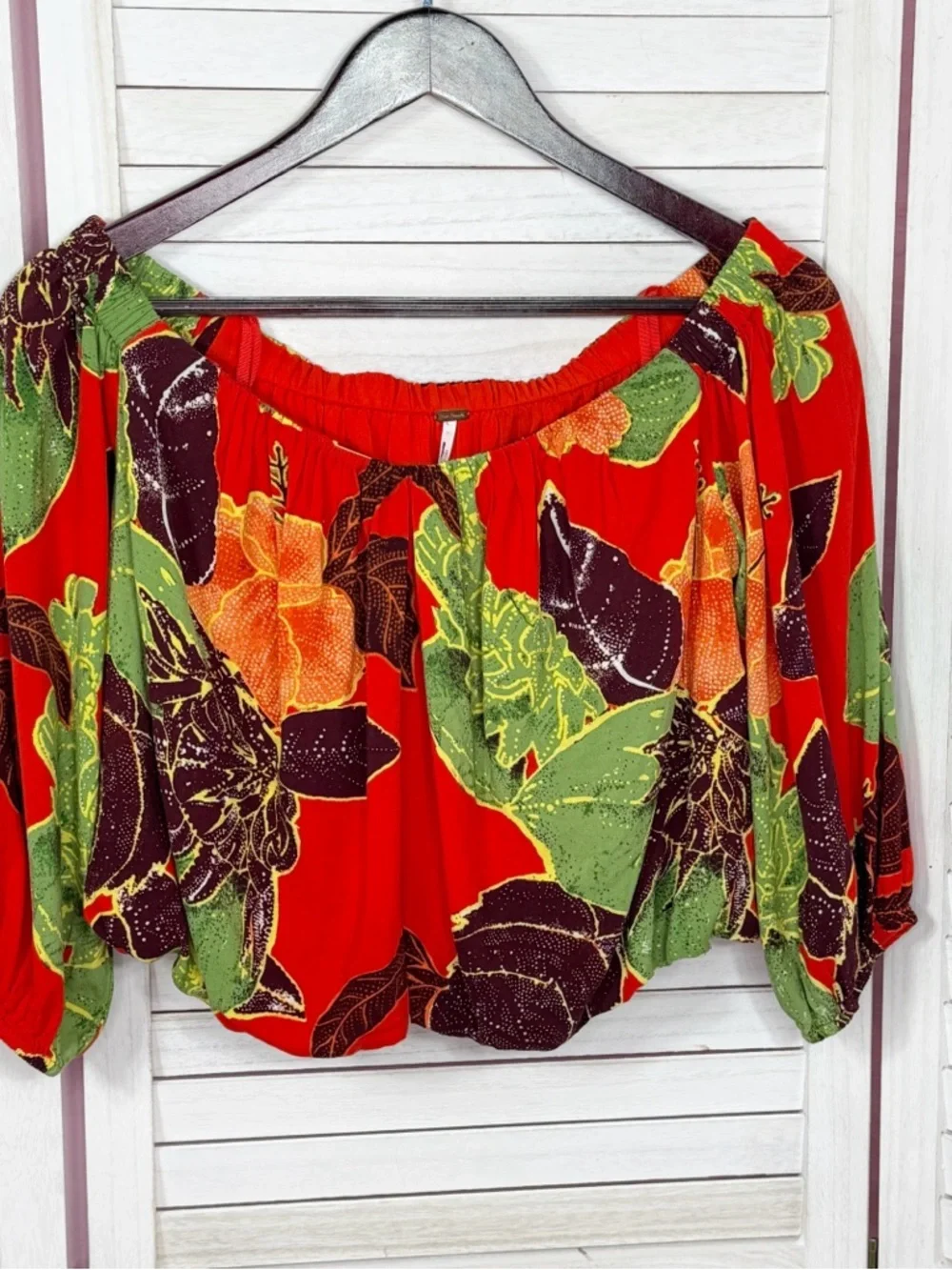 Free People Boho Tropical Flower‎ Print Off Shoulder Puff Sleeve Crop Top Red XS